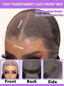 13x4 波浪卷发蕾丝闭合假发，巴西蕾丝前假发，真人发，150%/200% 密度，预先拔毛，自然发际线，带婴儿绒毛，漂白发结，自然黑色，8-20/22/24/26/28/30 英寸 - Natural Black - 查看 7