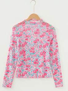 Acelitt Women's Rose Print Mesh Long Sleeve Stand Collar Slim Fit Pink Casual Top, Suitable For Daily Wear In Spring And Autumn Vacation - Multicolor - View 6