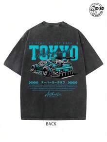 Outdoor Sports, Modern Street Style,Tokyo Racing Print, (230g Pure Cotton T-Shirt), Fashionable Vintage Washed Men's Cotton T-Shirt, A Perfect Surprise Gift For Family And Friends, Dropped Shoulder Design, Round Neck, Men's T-Shirt, Men's Summer T-Shirt, Holiday Gift, Ideal Present. - 黑色2 - 查看 2