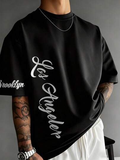 男士时尚百搭字母印花舒适圆领短袖T恤，夏季