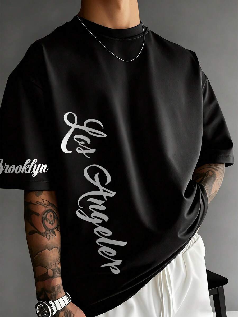 Men's Fashionable Versatile Letter Print Design Comfortable Crew Neck Short Sleeve T-Shirt, Summer - Black - View 1