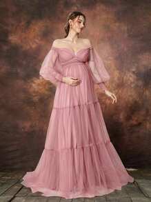 Irresista Dressalisa 优雅露肩孕妇礼服，灯笼袖配飘逸薄纱 A 字裙摆 – 适合准妈妈派对和新娘送礼会的礼服 - 粉色 - 查看 2