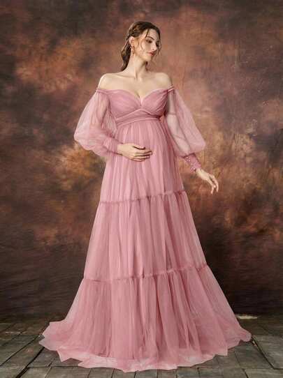 Irresista Dressalisa 优雅露肩孕妇礼服，灯笼袖和飘逸薄纱 A 字裙 - 适合新娘送礼会、正式晚宴、花园婚礼、孕妇庆典、高档聚会的婴儿送礼会礼服