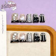 Nailplus 10pcs Y2K Nails Chic Duckbill Press On Nails Set,Handcrafted,Pink & Purple Gradient, 3D Rhinestone & Bowknot Decor,French Tips Style,Shiny Detail Pure Handmade Reusable Suitable For Women And Girls, Back To School Season, Parties, DIY Nail Art, Includes Tool Kit. Duck Nails. Handmade Press On Nails. Fake Nails. Nail Supplies - 彩色 - 查看 3