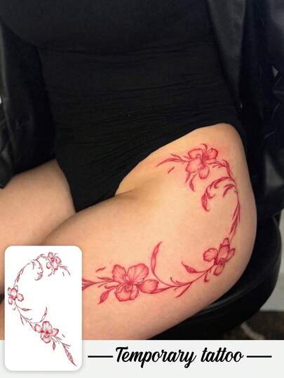 1 Piece Of Tattoo Sticker Temporary Tattoo Sticker, Y2K Style Red Flower Vine Pattern Waterproof And Sweatproof Washable Non-Reflective Arm And Shoulder Simulation Tattoo Suitable For Fashionable People And Can Last 3-5 Days