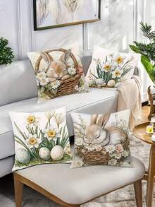 4pcs, New Pillowcase, Easter Pattern, Warm And Comfortable, Beautiful And Practical, 17.7 Inches * 17.7 Inches, Suitable For Home Sofa Decoration, Home Accessories, Bedroom Zipper Pillowcase (Without Pillow Core) - Multicolor - View 4
