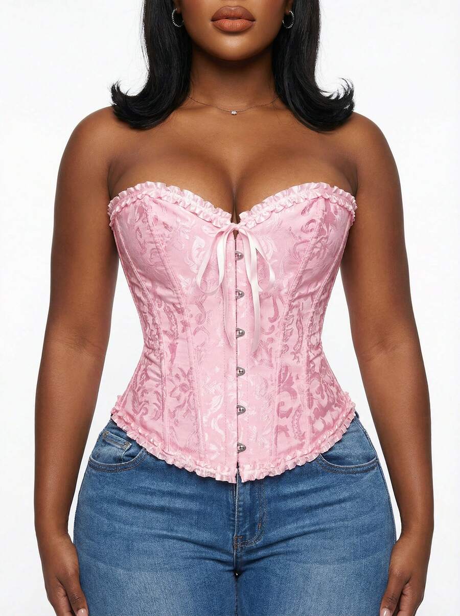 Blazique Corsetto bustier con stampa jacquard, bordo a volant a contrasto, chiusura anteriore a gancio, laccio posteriore, stile rinascimentale modellante, abbinato a perizoma, outfit sexy per San Valentino, festival di musica rave - Rosa - Visualizzare 1