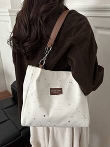 时尚条纹手提包 - 女士大容量单肩包 - 拉链托特包，适合日常使用 - 简约链条单肩托特包，适合青少年女孩、大学生、职场新人及白领，完美适用于办公室、工作、商务、通勤等场合，闪亮图案，是女士最佳工作包之选。 - 白色 - 查看 4