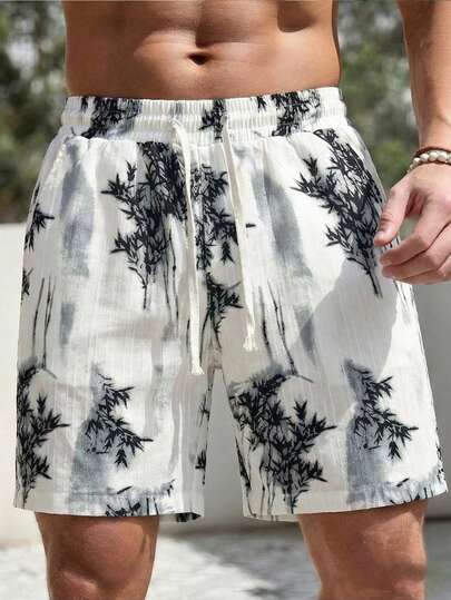 Men's Summer Ink Painting Bamboo Print Shorts, Slant Pockets With Drawstring Design, Beach Vacation Shorts, Fashion Classic, Straight Loose Fit For Daily Commute