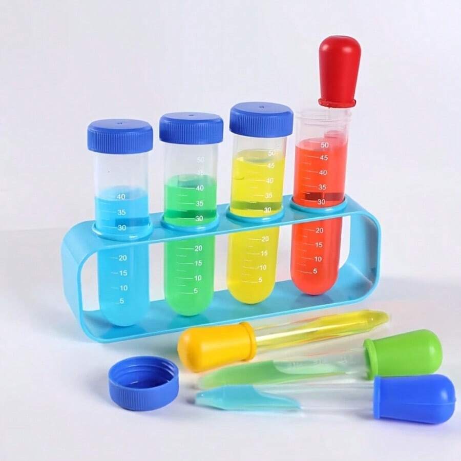 1 Set Plastic Test Tube Rack, Colorful Test Tubes, Chemistry Accessories, Educational Activity Supplies, Suitable For Students And Teachers, Exercising Thinking Ability, Hand-Eye Coordination, Creative Colored Test Tubes + Test Tube Rack, 6-Color Test Tube Set, Test Tube Vase Plant Planting/Propagation Container, Science-Themed Instrument (Accessory Colors Random)