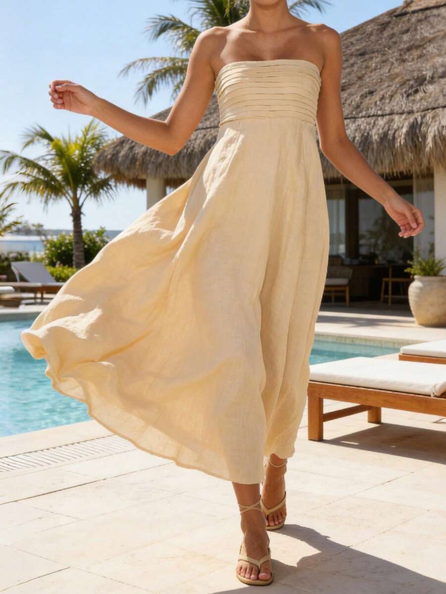 Women's Tube Top Dress Strapless Sleeveless Solid Color A-Line Long Dress Summer Party Dress - 卡其色 - 查看 1