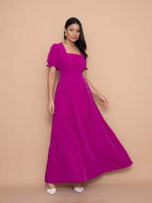 Helena Long Dress, Plain Crepe Fabric, Elasticated Back, Short Sleeves. - Màu Hoa hồng đỏ - Xem 3