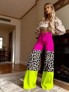 Women's High-Waisted Wide-Leg 3D Neon Green Jeans - Winter Formal/Party Pants With Elastic Hem, Slim-Fit Style (No ), Machine Washable For Nightouts & Western Events - Long Length For More Coverage - 彩色 - 查看 3