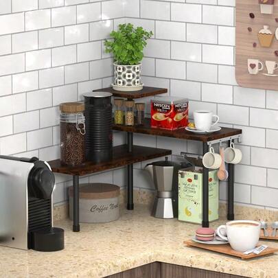 Estantería de bambú de 3 niveles para esquina de mostrador, color marrón rústico con ganchos | Almacenamiento multiusos para maquillaje, frascos de especias y pequeños artículos de decoración del hogar