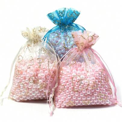 5pcs/Pack Gold Powder Heart Organza Bags, Transparent Glitter Storage Bags Suitable For Packaging Valentine's Day Candies, Jewelry, Perfumes And Other Small Gifts, Earrings, Necklaces, Bracelets Jewelry Gifts, Wedding Favors, Party/Birthday Gift Bags
