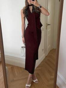 Elegant Minimalist Holiday Party Commute Daily Business Vest Suit Co-Ord Sets For Women, Autumn Vest Suit Waist Cinched Fitted Suit Skirt Women's Set Summer - Burgundy - View 5
