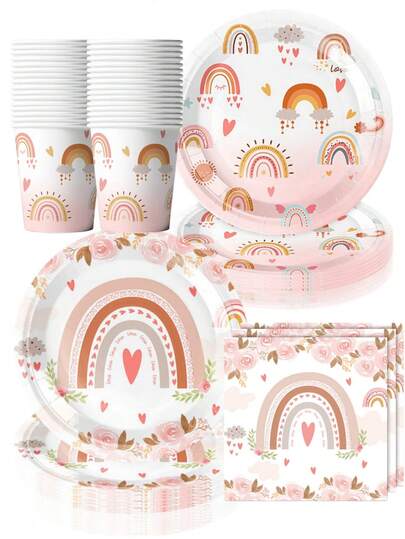 Bộ 50 món đồ dùng tiệc phong cách Boho chủ đề hoa cầu vồng pastel - Đĩa giấy, bát và khăn ăn dùng một lần màu hồng và đất nung, họa tiết trái tim và hoa hồng | Tiệc sinh nhật bé gái, tiệc mừng em bé, tiệc cưới và các buổi tụ họp phong cách Boho | Trang trí hoa và cầu vồng trang nhã cho quà tặng tiệc, trang trí nhà phong cách Boho và các dịp đặc biệt.