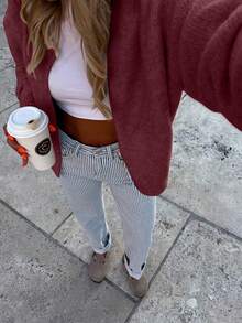 Elegant fransk romantisk, avslappnad lös stickad kofta för kvinnor, minimalistisk och elegant för höst/vinter - Bourgogne - Visa 6