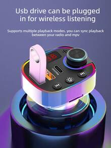 1个带显示屏的车载蓝牙播放器，无线蓝牙接收器，FM发射器，Type-C双USB QC3.0和PD30W车载充电器，彩色氛围灯免提车载配件 - 多色 - 查看 7