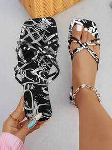 1 Đôi dép xăng đan đế bằng nữ in chữ, quai chéo, chất liệu vải dệt, dép đi biển thời trang, mẫu mới Xuân/Hè 2026 - Đen và trắng - Xem 7