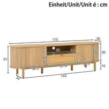 Modern TV Cabinet With Rattan Drawers With Open Compartments, Rounded Tabletop, Metal Legs In Wood Look, Multifunctional Living Room Furniture.