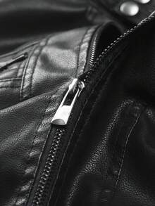 Men's Black Faux Leather Hooded Jacket | Casual Streetwear Style Removable Hood PU Leather Coat | Windproof Zip-Up Bomber Jacket With Chest Pockets & Ribbed Cuffs | Perfect For Fall Winter Daily Wear & Outdoor Activities - 黑色 - 查看 6