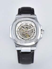 LONGLUX 1pc Men's Hollow Automatic Mechanical Watch, Water Resistant, Fashionable Leather Band Watch - Black - View 7