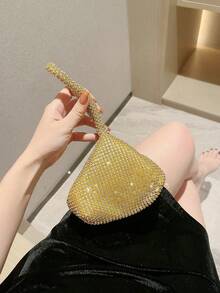 Túi xách mini dáng xô, nhẹ nhàng, thiết kế dây rút, đính đá lấp lánh, kiểu dáng công sở thường ngày, ví cầm tay dự tiệc trong suốt đính ngọc trai giả, túi dự tiệc cao cấp sang trọng đính đá lấp lánh. - Vàng - Xem 4