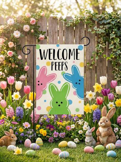 1pc Easter Garden Flag, Colorful Bunny (Pink/Green/Blue) & Polka Dot Pattern, Cute Festive Style Single-Sided Polyester Rectangular Garden Flag – With "WELCOME " Bold Lettering, Vibrant Bunny Motifs, Durable Polyester Material, Easter Garden Decor Room Decoration Festive Atmosphere Setup Flag For Easter Celebrations, Garden Decor, Porch Styling & Family Gathering Venues
