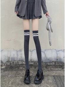 1 đôi tất cao đến đùi kẻ sọc màu trơn, tất dày qua đầu gối gợi cảm dành cho nữ, phong cách Y2K. - Nhiều màu - Xem 10