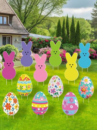 6pcs-Easter Yard Outdoor Decorations- Easter Bunny Eggs Yard Signs Decoration With Stakes - Large Size Rabbit Egg Decor Waterproof Lawn Signs For Party Supplies Garden Spring Home Decor