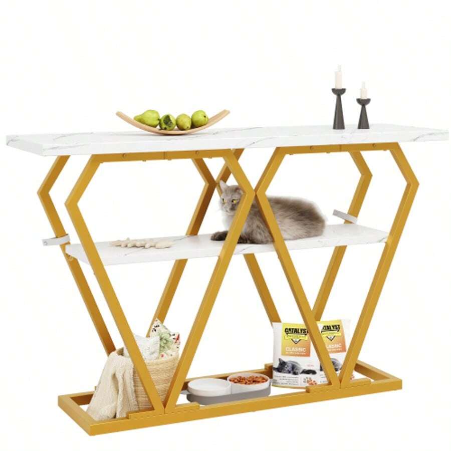 Console Table (1 Piece) - 120 X 29.5 X 80 Cm - Dining & Kitchen Table, Balcony Table - Wooden Table With Marble-Effect Top