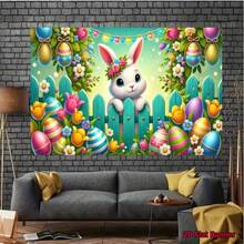 1 pièce Bannière plate 2D Lapin de Pâques Jardin de printemps avec tulipes et œufs pastel - rose clair, jaune, bleu, violet, vert, blanc et orange. Décoration de fête de Pâques intérieure/extérieure, toile de fond pour chasse aux œufs de Pâques, fourniture murale pour mariage d'anniversaire à la maison - sans alimentation électrique, design plat 2D - 1 PCS (1 pièce) - Voir 6