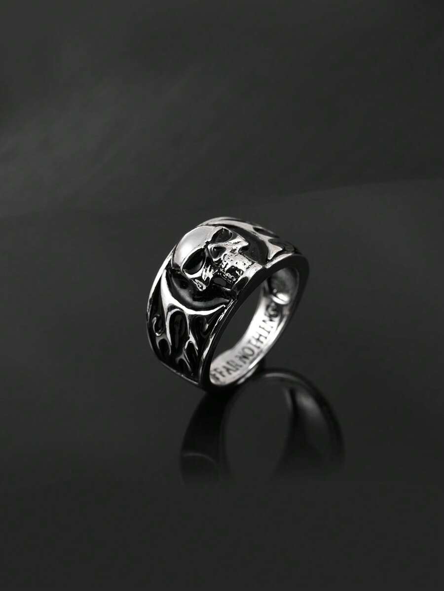 Skull Ring, Vintage Fashion Accessory, Fearless Punk Rock Style - Antique Silver - View 1