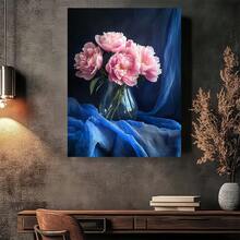 1pc, Pink Peony Floral Canvas Wall Art With Frame Modern Botanical Flower Print Poster For Living Room Bedroom Bathroom Kitchen Dining Room Aesthetic Home Decor Elegant Still Life Ready To Hang Artwork - 彩色 - 查看 2