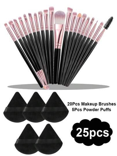 Juego de 25 piezas de brochas de maquillaje para el Festival del Eid, que incluye 20 brochas suaves como brocha de base, brocha de contorno, brocha de sombra de ojos, brocha de cejas, brocha de labios y brocha de detalle + 5 esponjas triangulares, adecuado para principiantes, artistas de maquillaje profesionales y práctica de belleza para novatos, regalos, brochas de maquillaje profesionales, juego de maquillaje completo