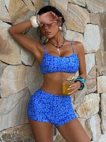 女士比基尼泳装，可爱印花蓝色沙滩套装泳装，运动短裤，露脐吊带背心，无肩带吊带背心，时尚套装/外出装/生日装/休闲装/Y2K/2000年代/千禧年装/优雅装/老钱风/街头风/度假装/音乐节沙滩装 夏季 - 藍色 - 查看 5