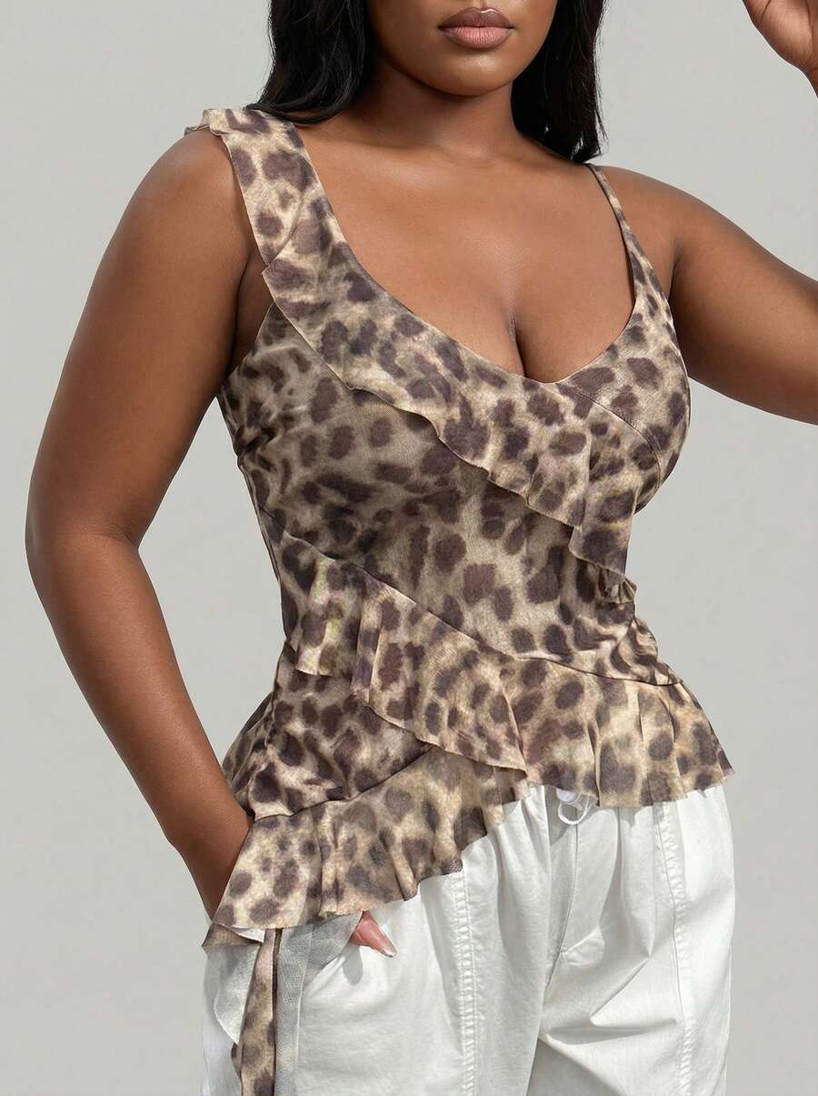 Blazique Seelio Summer New Arrival Women's Layered Leopard Print Chiffon Mesh Blouse - Animal Print - View 1