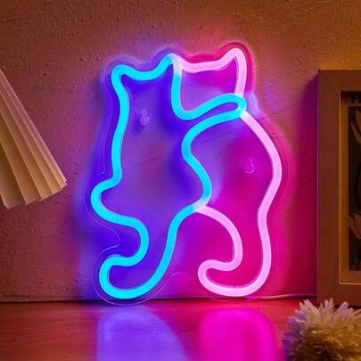 LUCUNSTAR Christmas Cat Neon Sign, Purple, Green And Orange, USB Powered, No Heat, Switch Control, Wall Decor Multipurpose Neon Light