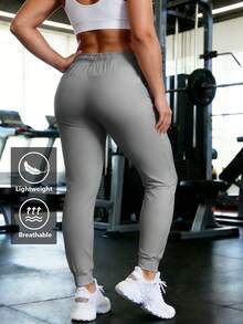 Women's Lightweight Breathable Casual Joggers, High Stretch Quick-Dry Sports Pants With Drawstring Waist & Side Pockets, Loose-Fit Tapered Leg Trousers For Gym, Running, Daily Wear, All-Season Active Bottoms - 灰色 - 查看 2