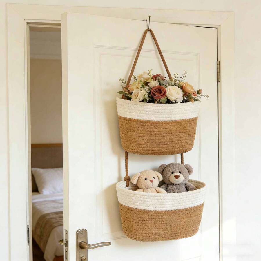 1 Peça Cesta de Armazenamento Suspensa Trançada de Camada Dupla, Organizador Decorativo Destacável, Adequado para Sala de Estar, Banheiro e Quarto, Cesta de Armazenamento Montada na Porta com Vários Compartimentos