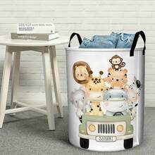 1pc, Cartoon Laundry Basket, Jungle Nursery Decor Elephant Giraffe Hampers Hamper Clothes Toy Storage Bin - Multicolor - View 5