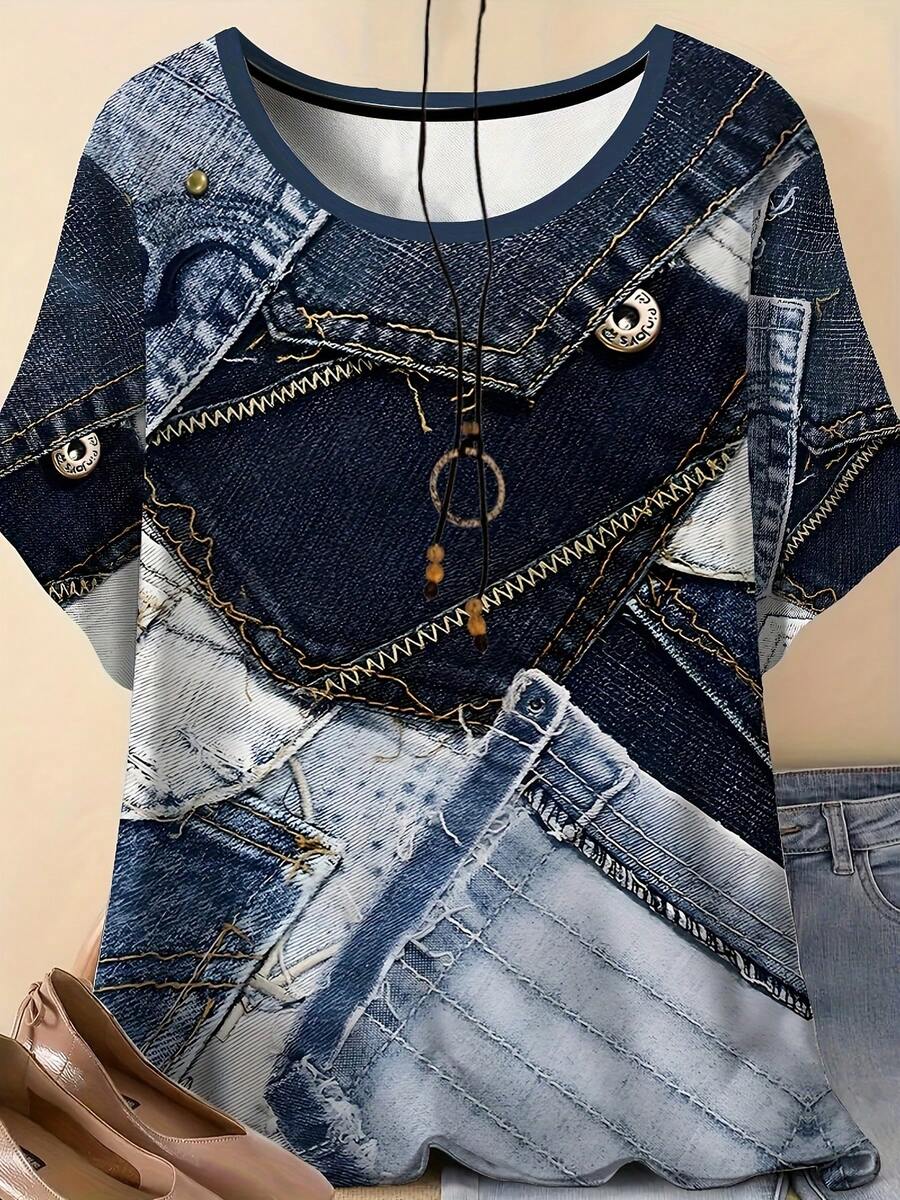 [Printed Pants - Not Denim Fabric]Plus Size - Summer Leisure Vacation Comfortable And Elegant Style With Faux Denim-Inspired 3D Printed Pattern Women'S Round Neck Plus Size Short Sleeve T-Shirt - 白色 - 查看 1