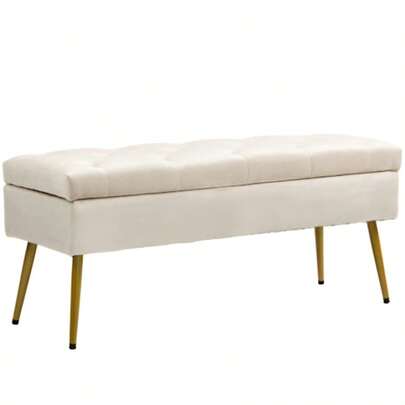 Upholstered Storage Bench With Lid, Velvet Style, Ideal For Entryway, Bedroom Or Living Room. Metal Frame, Dimensions: 102 X 35 X 43 Cm, Beige.