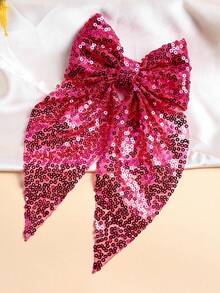 1个女孩闪亮亮片蝴蝶结发夹，可爱返校季亮粉色闪光蝴蝶结发夹金属鳄鱼夹发卡发饰，适合节日派对和日常使用 - 玫紅色 - 查看 3
