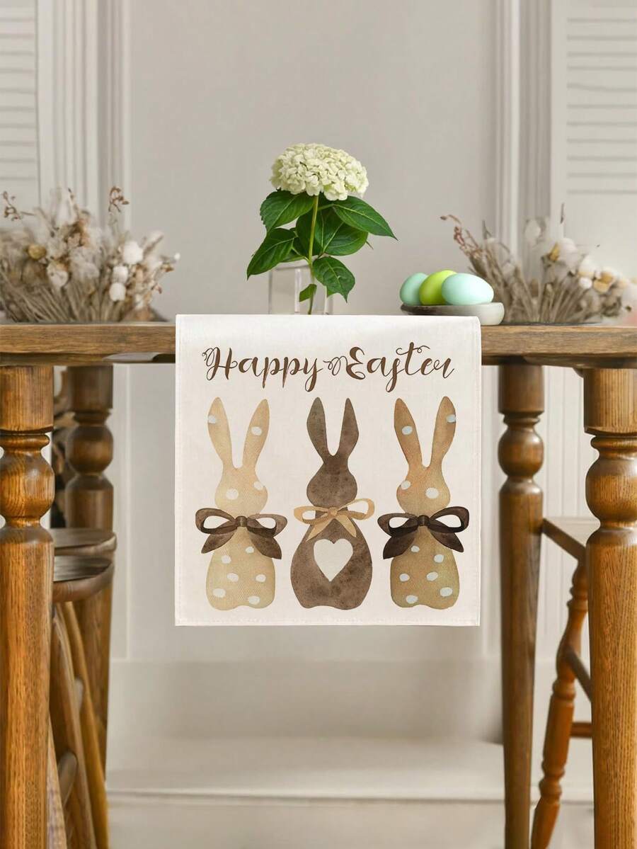 1 pieza Camino de mesa de lino para Pascua, con diseño de conejito de Pascua y huevos, diseño floral cálido, disponible en varios tamaños, adecuado para comedor del hogar, decoración de cocina, decoración del hogar, fiestas al aire decoración de restaurantes, con apariencia de lino texturizado - Blanco - Ver 1