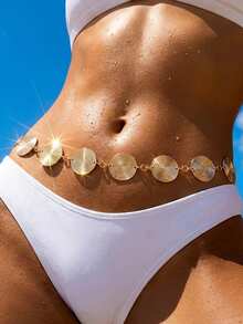 1件复古夸张螺旋圆盘金色腰链，女士夏季时尚身体饰品，适合搭配牛仔裤和海滩度假装 - 金色 - 查看 1