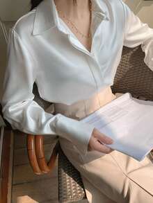 Women's Fashion French Style Long Sleeve Collared Shirt, Solid Color Woven Fabric Front Button Closure, Elegant For Office, Daily Wear, Dates, Spring/Summer/Autumn - White - View 3