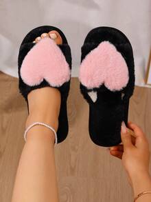 女士毛绒爱心形露趾拖鞋，适合室内居家穿着，情侣拖鞋 - 粉色 - 查看 5