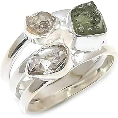 Anillo de moldavita en bruto y anillo de diamantes Herkimer, piedra preciosa de la Repblica Checa, plata esterlina 925, hecho a mano